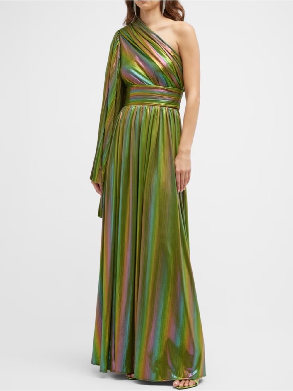 BRONX and BANCO One-Shoulder Metallic Pleated Green Multi Colored Evening Gown M